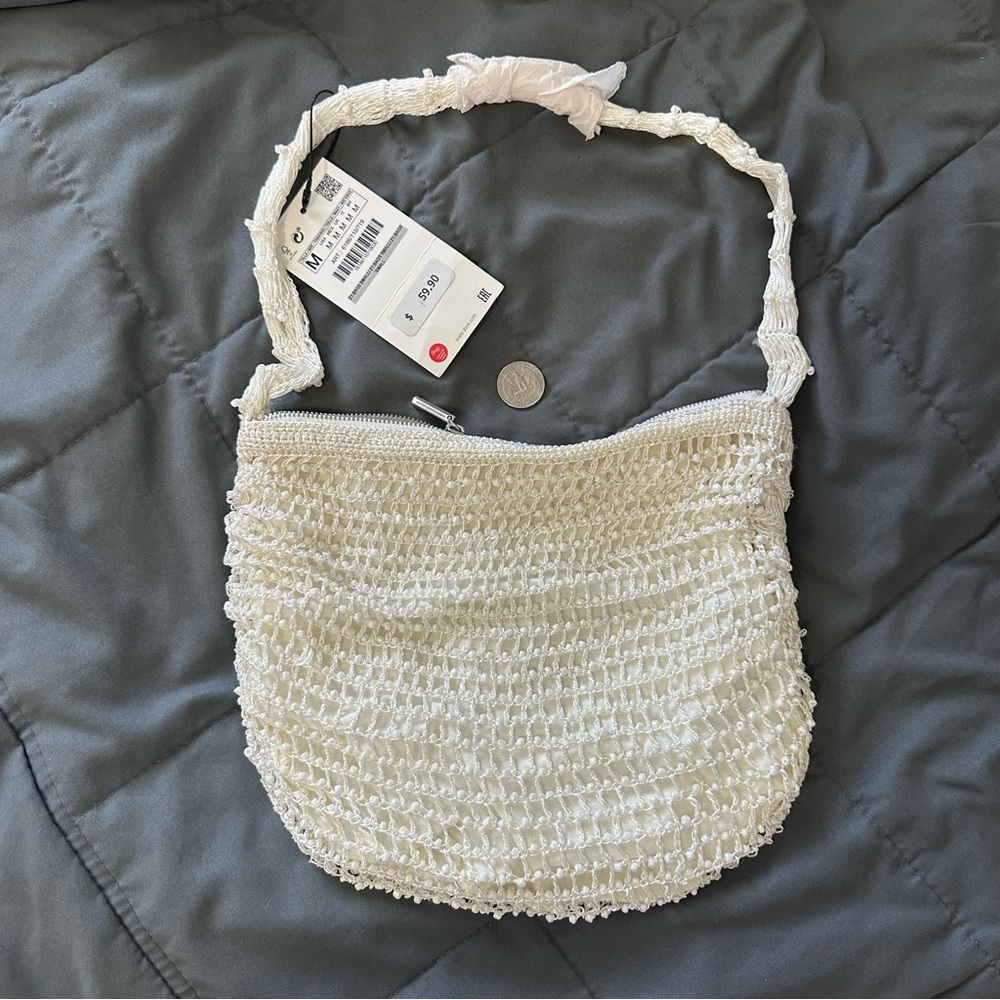 Zara off white / cream bucket shoulder bag with pearls woven